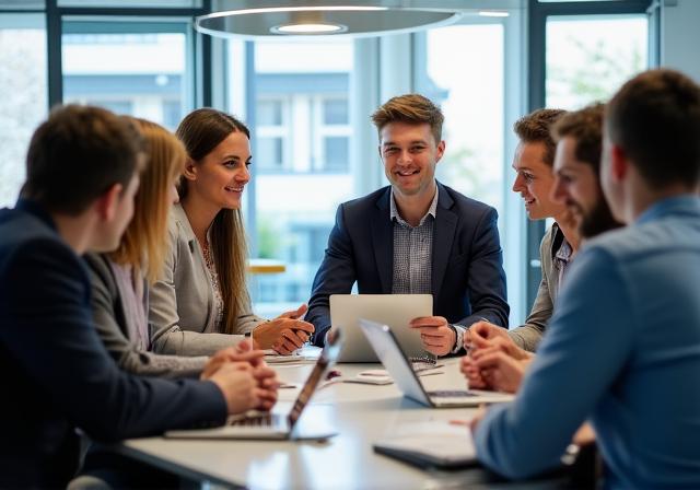 Colleagues in an open-plan Dutch office having a frank team discussion